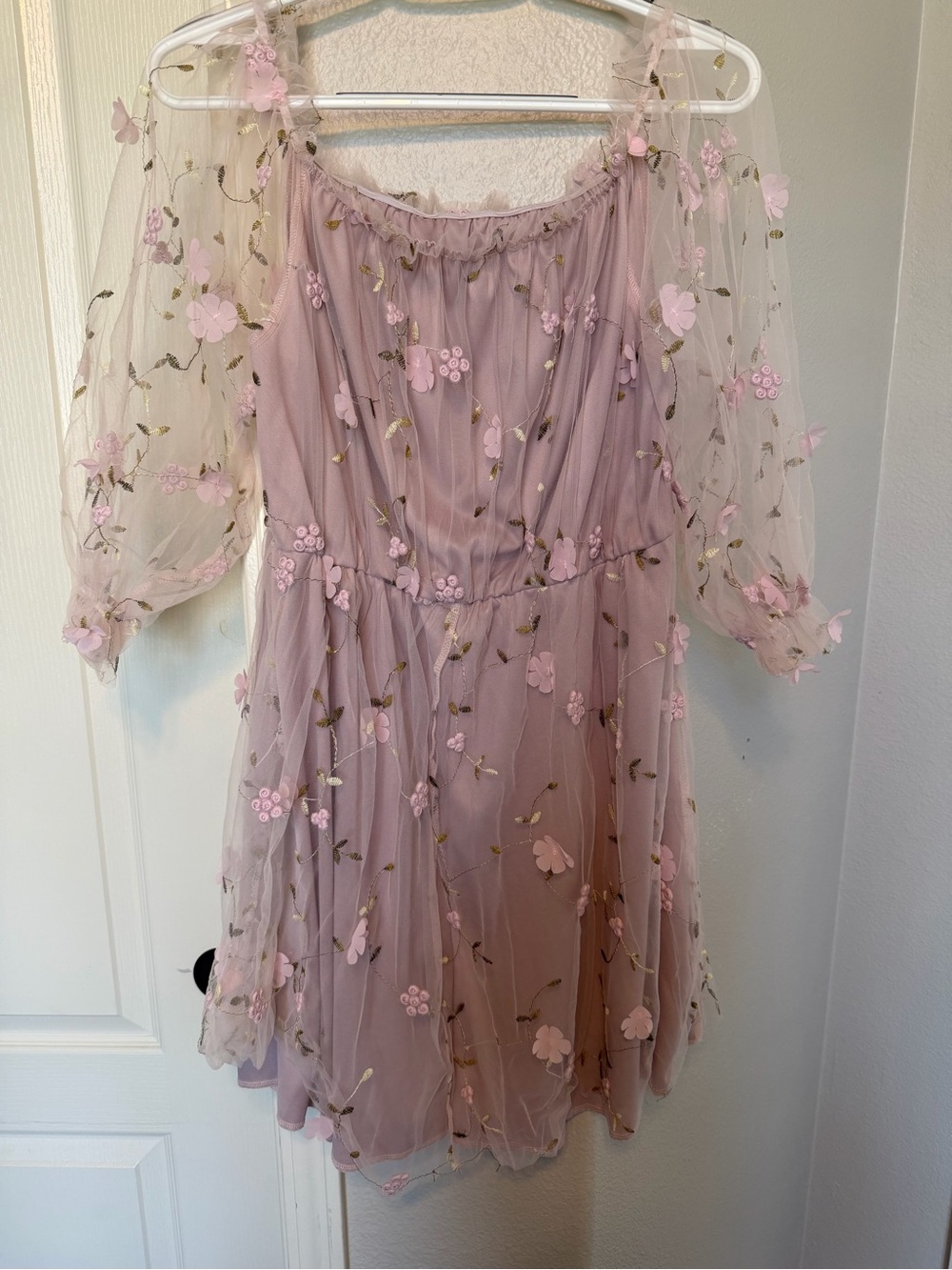Pink Floral Embroidered Off-Shoulder Dress